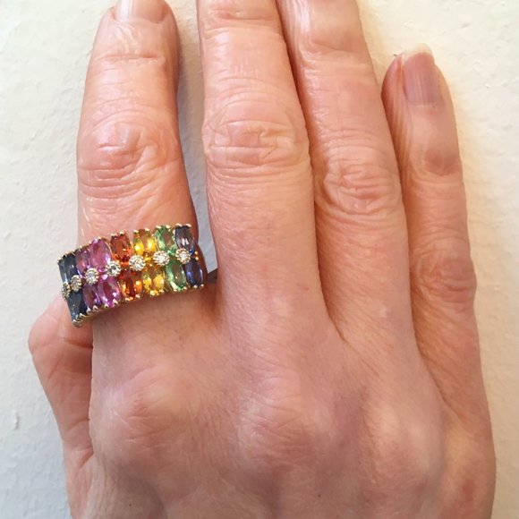 NWT $5790 Effy Watercolors Rainbow Sapphire 5.68 tcw 14K Yellow Gold Ring SZ 7 - Picture 7 of 14